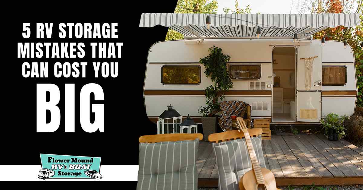 Image of camping in a trailer with an RV in the forest, no people visible, featuring Flowermound RV & Boat Storage and highlighting 5 RV storage mistakes that can cost you big.