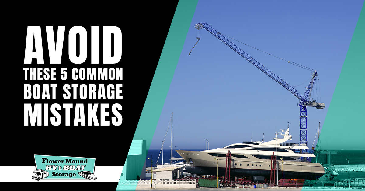Image of a beached boat with a crane in a storage area, featuring Flowermound RV & Boat Storage and highlighting how to avoid five common boat storage mistakes.