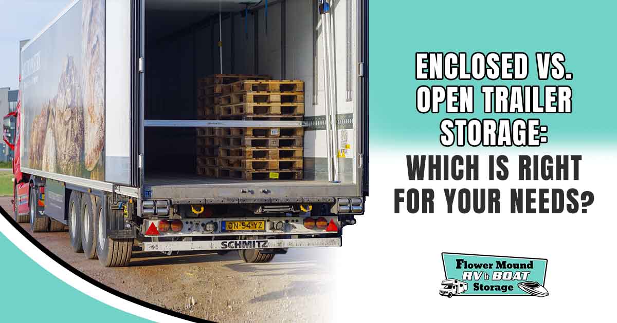 Image of an open truck trailer, featuring Flower Mound RV & Boat Storage and highlighting the comparison between enclosed and open trailer storage to determine which option best fits your needs.