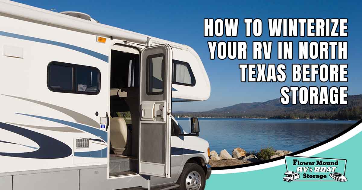 Image of an RV parked by a lake, featuring Flower Mound RV & Boat Storage and highlighting how to winterize your RV in North Texas before storage.